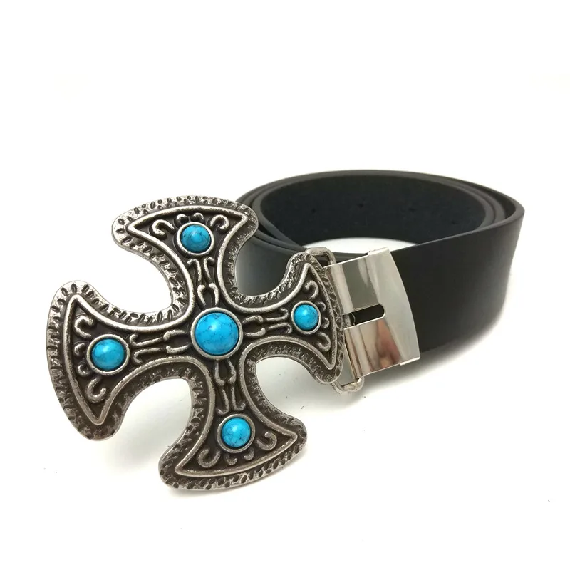 Casual Black PU Leather Western Cowboy Belt for Man Boy with Vintage Turquoise Cross Metal Buckle Fashion Male Accessories