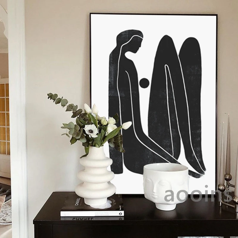 Black and White Minimalist Female Portrait Painting Mid century Moon Posters Boho Art Print Canvas Picture Home Wall Art Decor