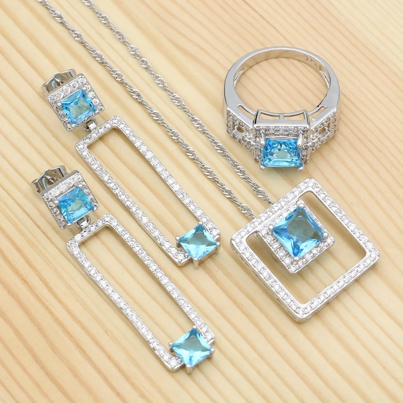 Braut Schmuck Sets Für Frauen Sky Blue Zirkonia Quadrat Ohrringe Anhänger Ring Halskette 925 Silber Schmuck Set