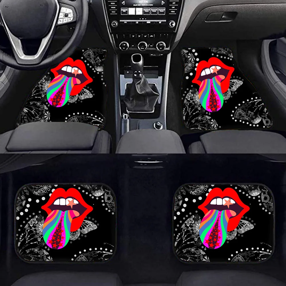 

INSTANTARTS Car Accessories Anti-Slip Car Floor Mat Marble 3D Red Lips Print 4pcs Set Comfort Floor Mat for Cars Auto Floor Mats