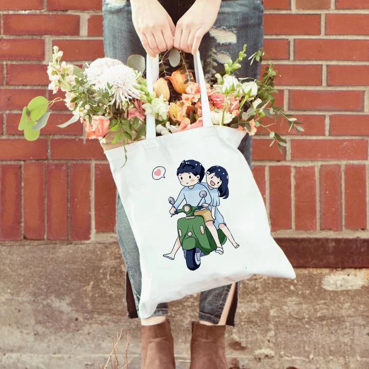 Fashion Women Shoulder Shopping Bag Cartoon Boys and Girls Lover Print Valentine's Day Gift for Girlfriend Wife Canvas Tote Bag