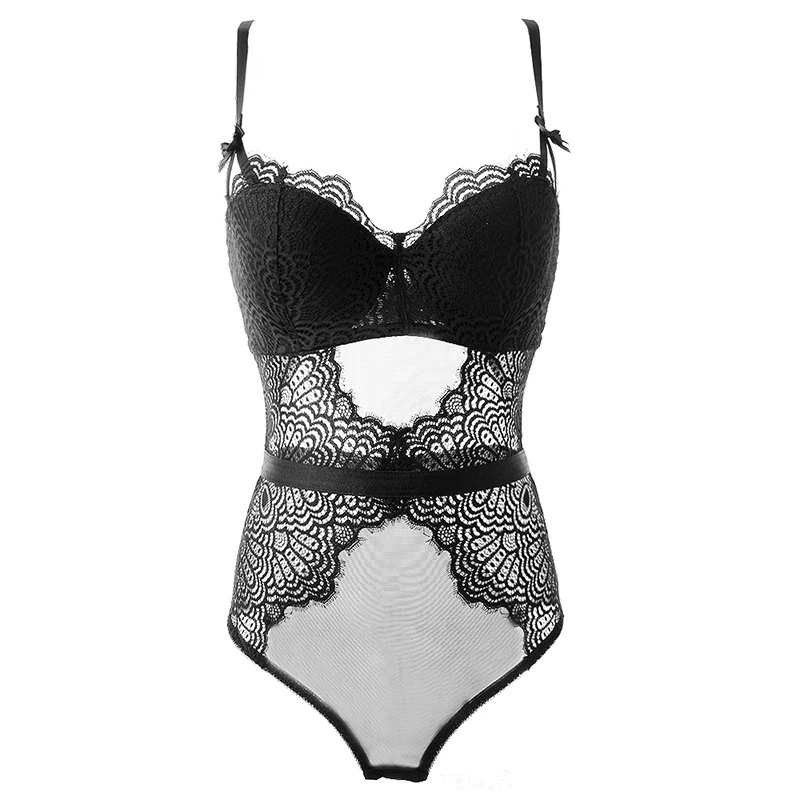 Sleeveless Bodysuits For Women Sexy Lingerie Balconette Underwire Padded Push Up Bra Lace Hollow Out Shapewear Romper Jumpsuit
