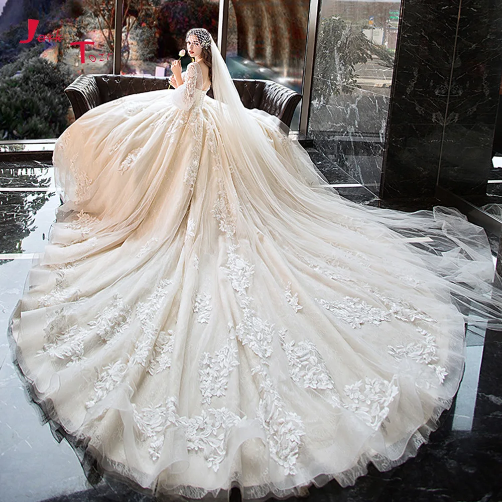 Vestido de princesa de encaje con apliques de flores, manga de tres cuartos y cuello redondo, a la medida, Vestido de Novia