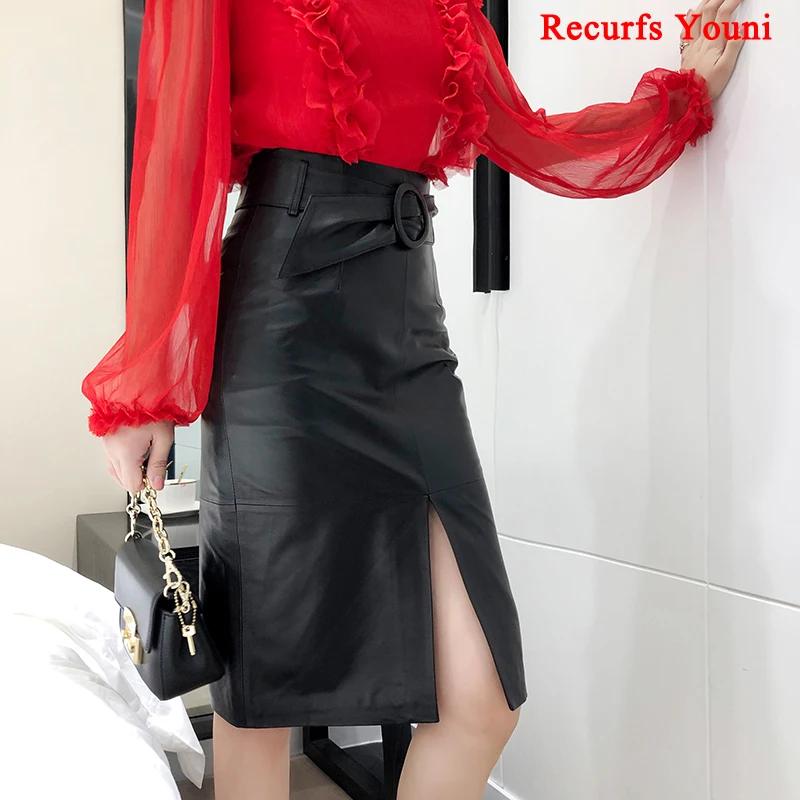 RYS9325 Winter Women Genuine Leather 65cm Long Wrap Skirt Female Ring Belt High Waist Faldas Mujer Front Slit OL Sexy Pink Jupe