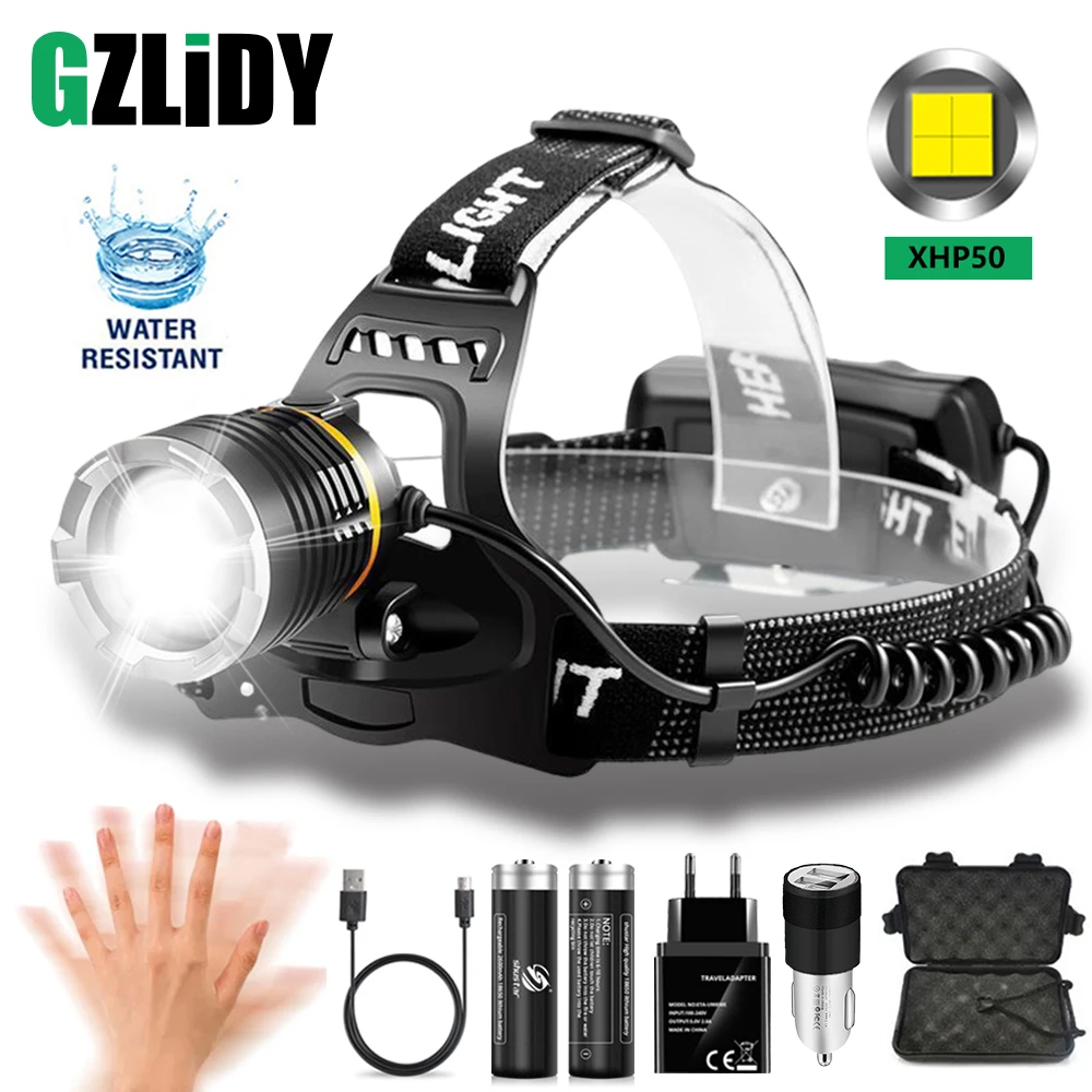 USB Rechargeable XHP50 LED Headlamp Powerful Headlight Sensor Head Torch Waterproof 18650 Fishing Lantern Zoom Camping Lights