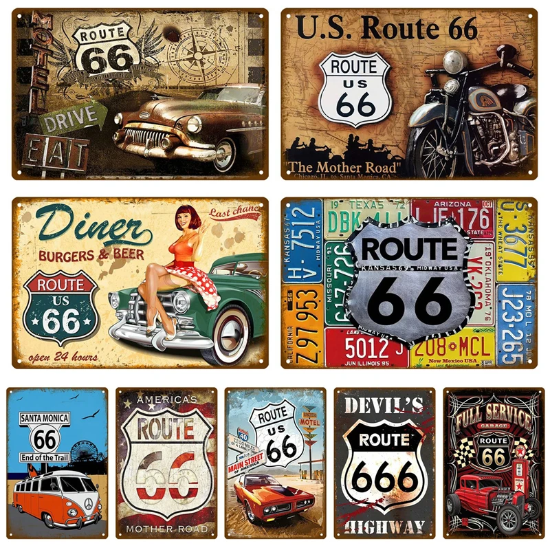 Route 66 Metal Sign House Plaque Metal Poster Tin Sign Plate Wall Posters Vintage Retro Aesthetic Room Decor Wall Art Decoration