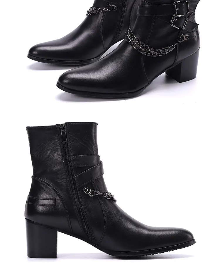 Herbst und Winter spitze High Heels Herren stiefel binden eine Kette Niet Gürtels chnalle dicken Absatz echtes Leder dicke Stöckels tiefel – Detail 5