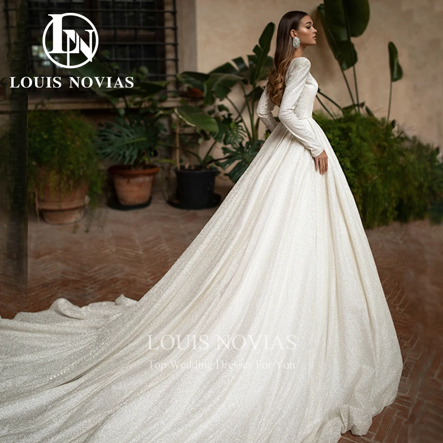 LOUIS NOVIAS Long Sleeve Wedding Dresses For Women Deep V-Neckline Sparkling Bridal Gown A-Line Bride Dresses Vestido De Novia