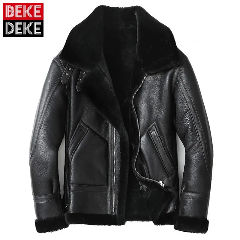 

Luxury Men Real Leather Wool Bomber Jackets Natural Fur Biker Short Sheepskin Coat Autumn Winter Thick Warm Casual Outerwear