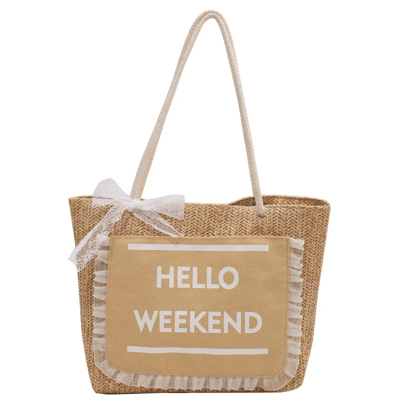 Elegant Women Summer Straw Bag Hand-Woven Underarm Bags Lace Bow Rattan Bag Large Capacity Casual Tote Bags Beach Travel Handbag