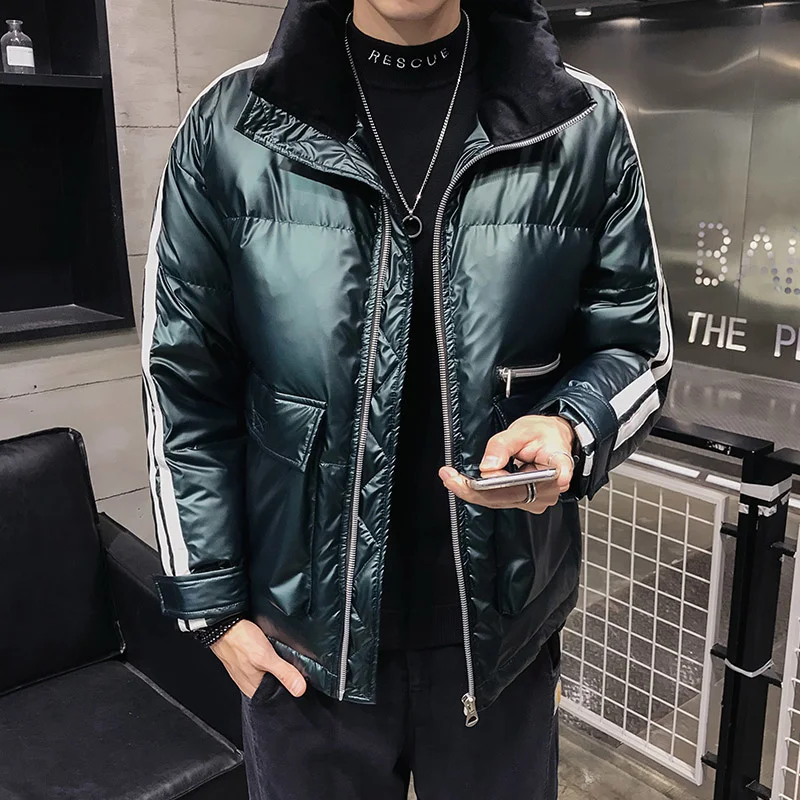 다운 디자이너 자켓 남성 겨울 두꺼운 스탠드 칼라 숏 코트 Streetwear 스트라이프 긴팔 캐주얼 다운 자켓 플러스 사이즈 4XL