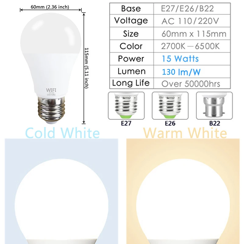 110-220V Intelligent WiFi Bulb Alexa Intelligent Voice Control 15W E27 B22 Screw Socket Bulb Family Lighting Bedroom Living Room