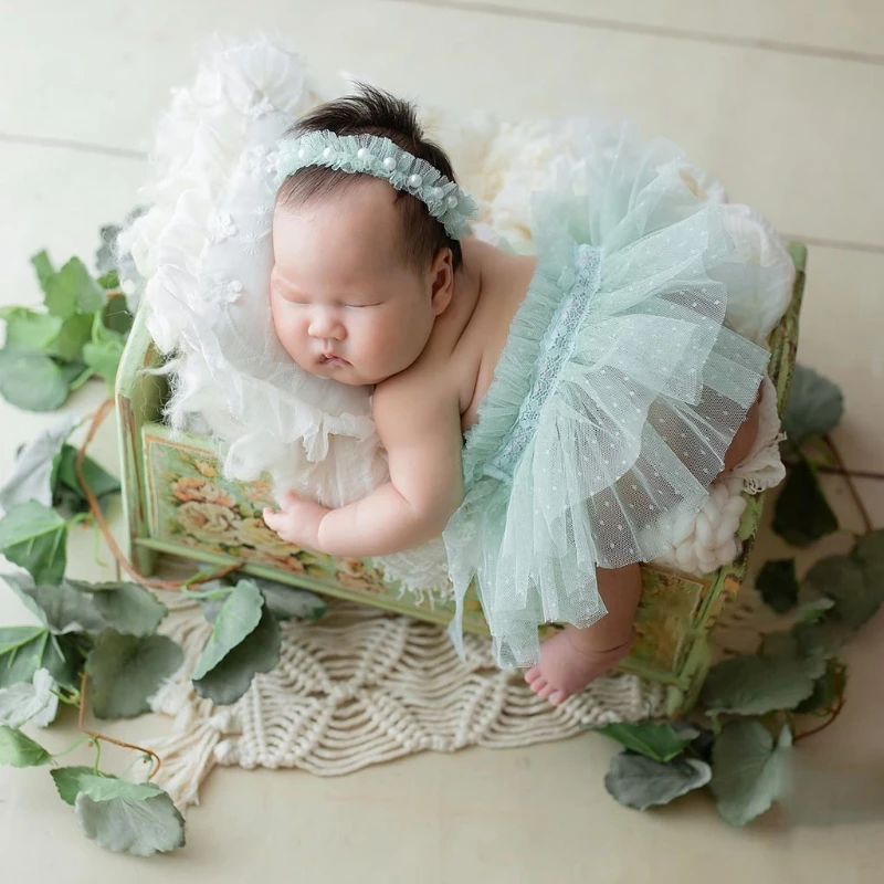 Newborn Photography Props Accessories Girl Lace Skirt Pearl Headband Set Baby Fotografie Studio Romper Photo Shoot Costume