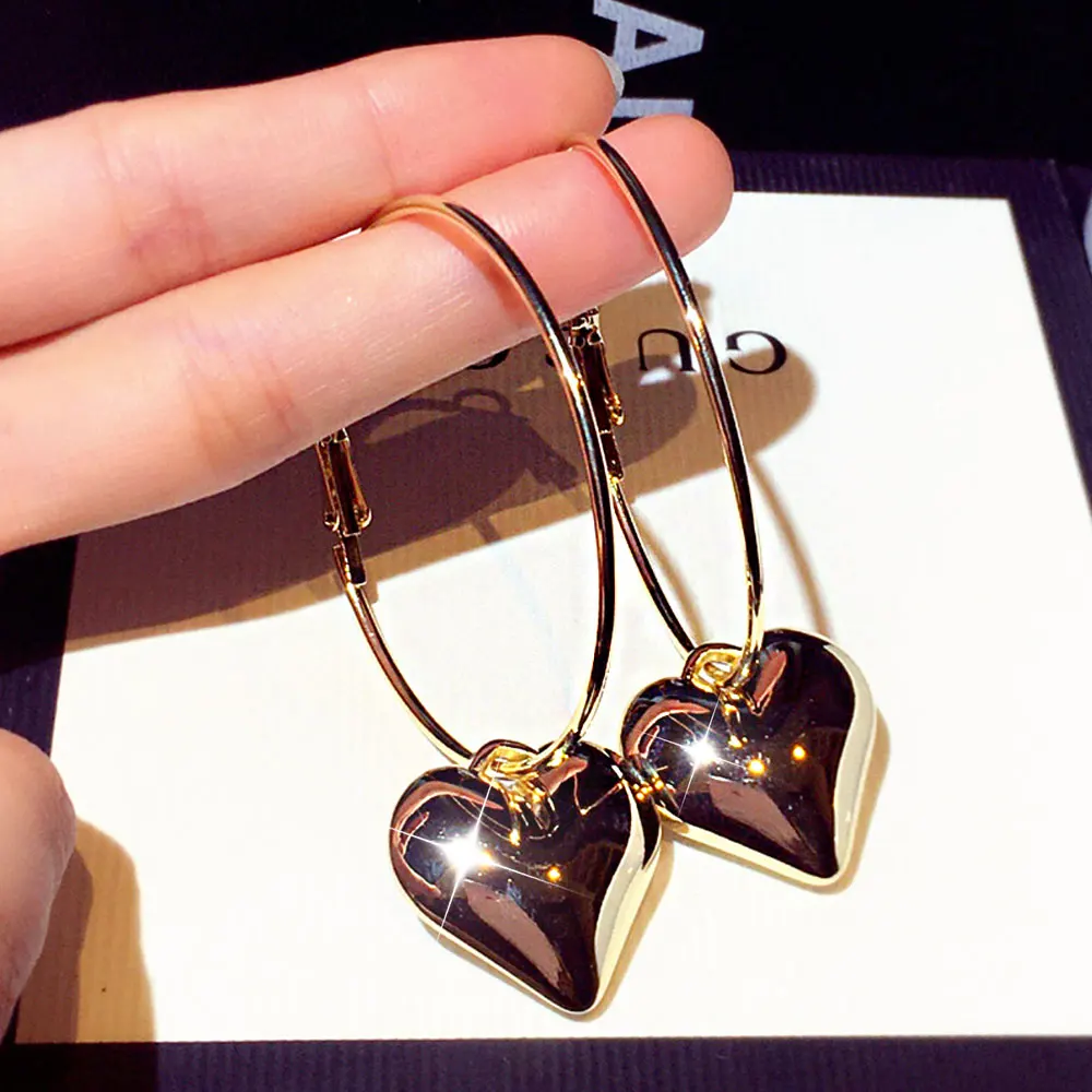 JUWANG Korean Atmosphere Simple Classic Glamour Heart Earrings Temperament Round Delicate Fine Luxury Earring Jewelry Pendant