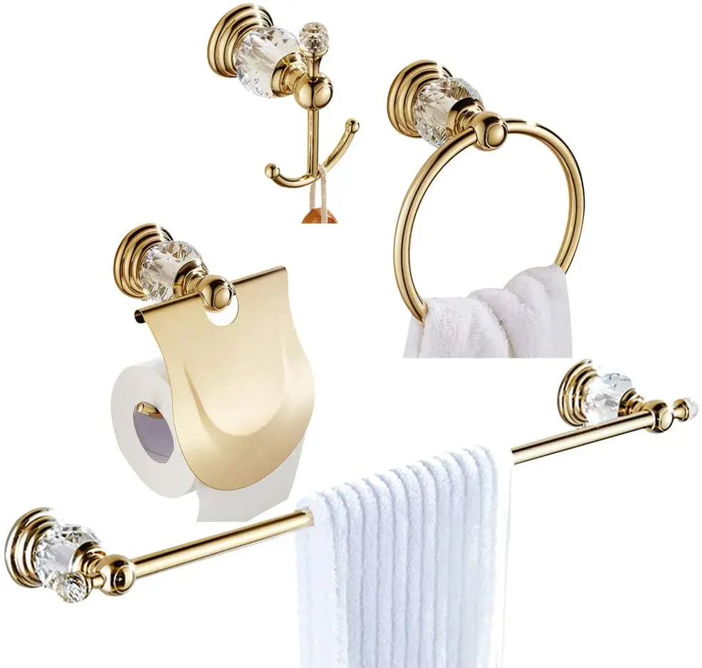 IMPEU Gold Crystal Bathroom Accessory Sets of 4 Pieces, Luxury Towel Bar Towel Ring Towel Hook Toilet Paper Holder