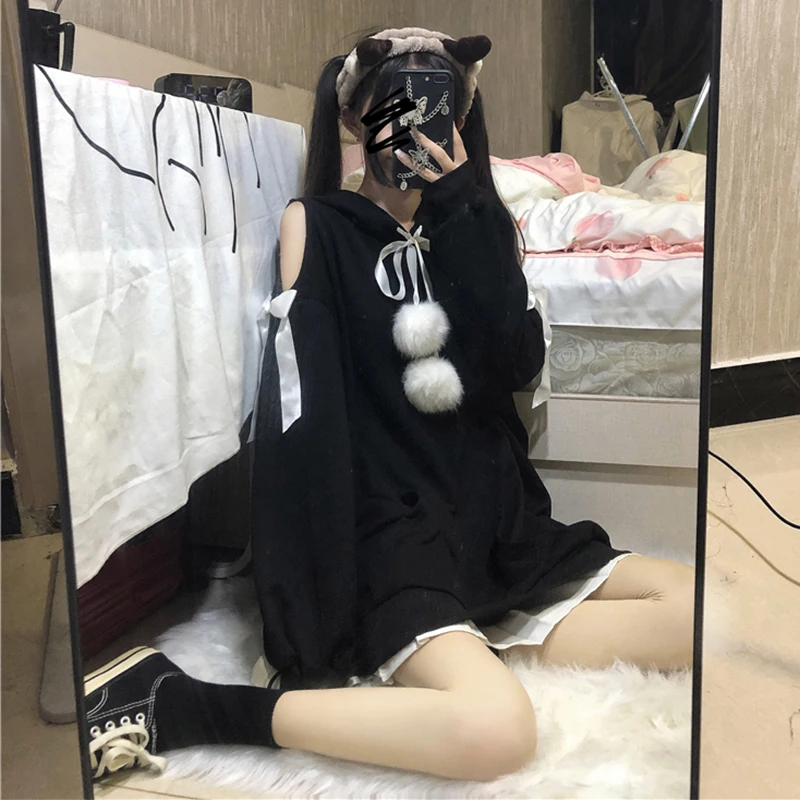 2020 Autumn New Korean Style Loose Bow off-the-Shoulder Long Sleeve Fur Ball Lace-up Hooded All-Matching Student Sweater Women