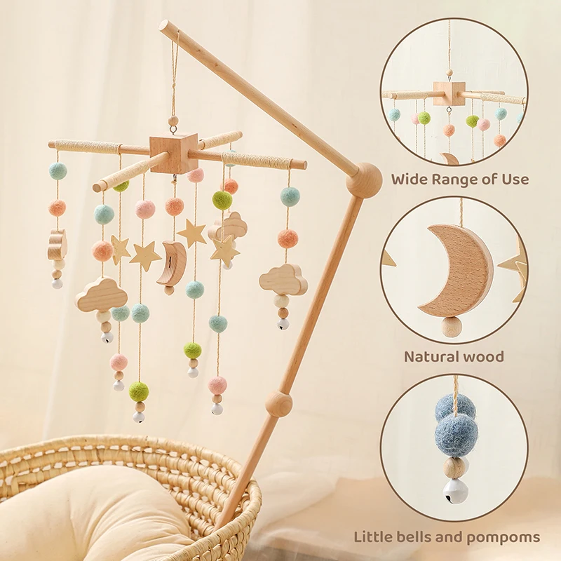 Baby Toy Wooden Mobiles Bed Bell Moon Clouds Rattle For Newborn Developing Diy Accessories Crib Holder Arm Brackets Gifts Rattle