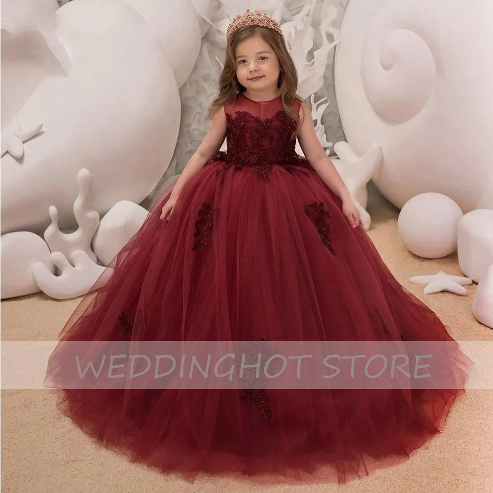 Borgonha até o chão vestido da menina de flor 2022 novo bebê festa de natal vestidos de baile renda criança vestido de baile de aniversário пла vauе дляев®чки