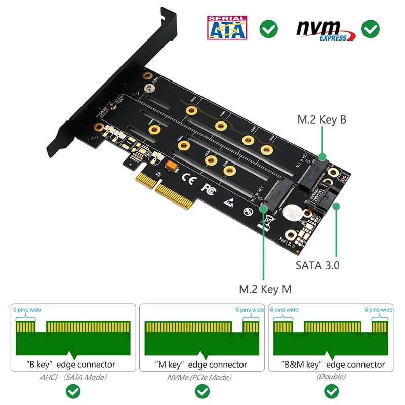 Riser Card Pcie Naar M2 Adapter Uitbreiding Kaarten Pci-E X4 3.0 M.2 Ssd Sata/Nvme Protocol Ssd Adapter M Key/B Sleutel Met 2Pcs Heatsink