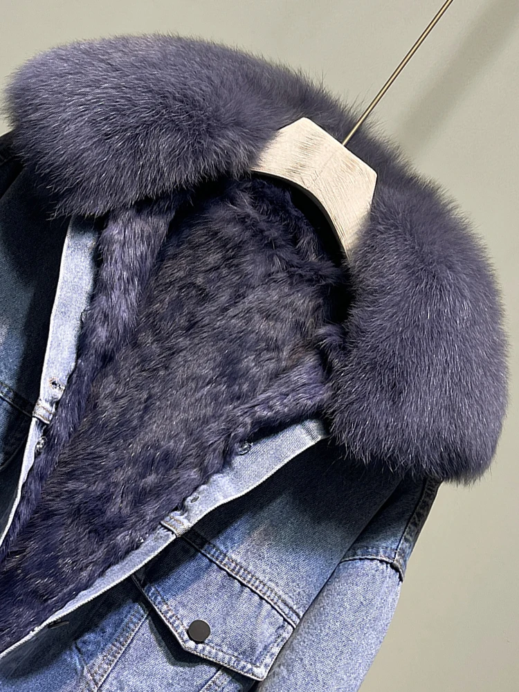 Winter Nieuwe Echt Konijnenbont Liner Denim Parka Letters Borduren Dikke Jean Jas Vrouwelijke Losse Vos Bontkraag Jas Bovenkleding