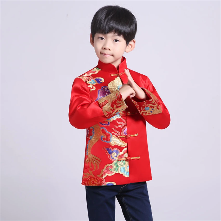 Tang Suit Red Traditional Chinese Clothing for Men Kids Boy Hanfu Top Dragon Print Vintage Satin Kungfu Chinese Party Stage