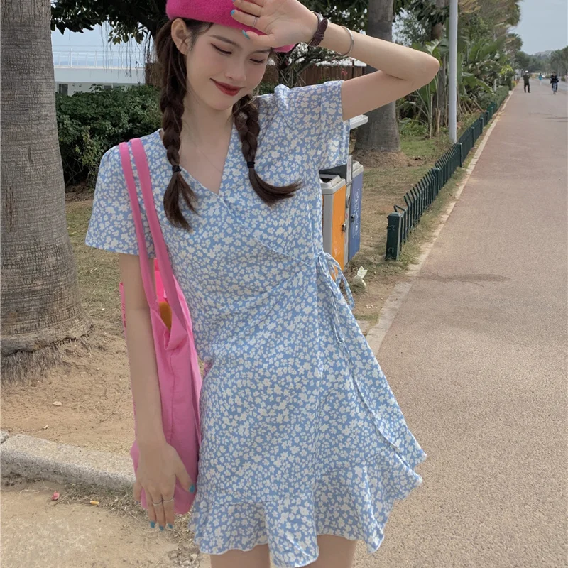 Vintage Tender Short Sleeve Dress Women Slim V-neck Elegant Retro Floral Printed All-match Daily Female Korean Chic Vestidos OL