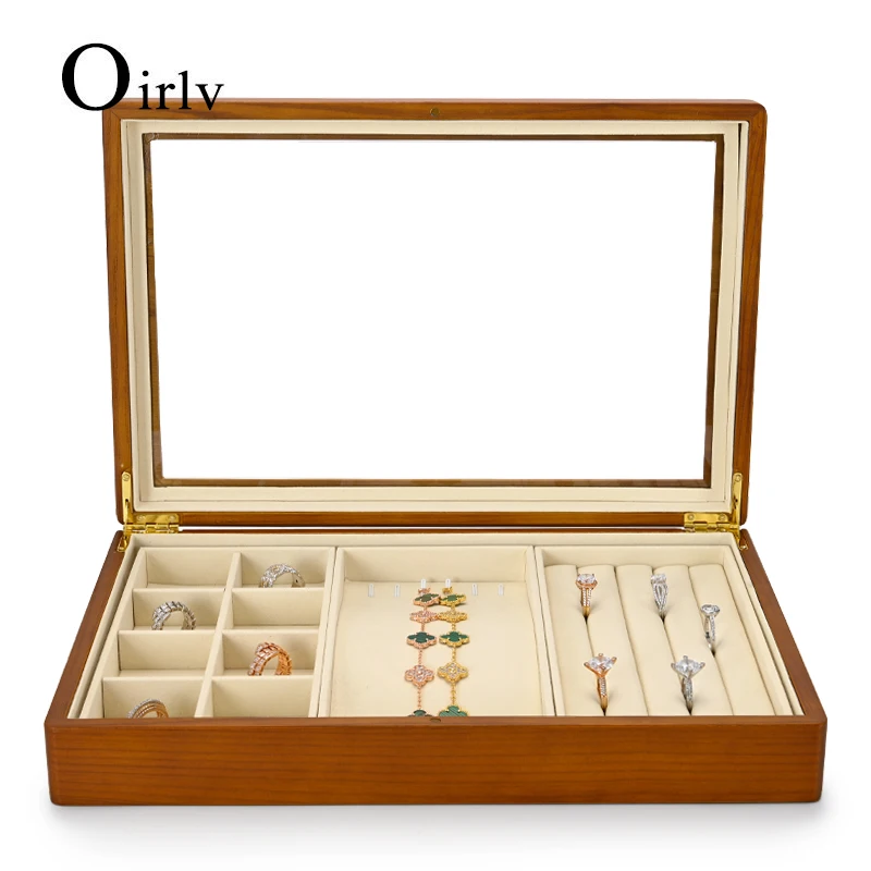 Oirlv Newly Multi-function Jewelry Organizer Box Wooden Ring Display Trays Bracelet Storagecase with Microfiber Ladies Gift