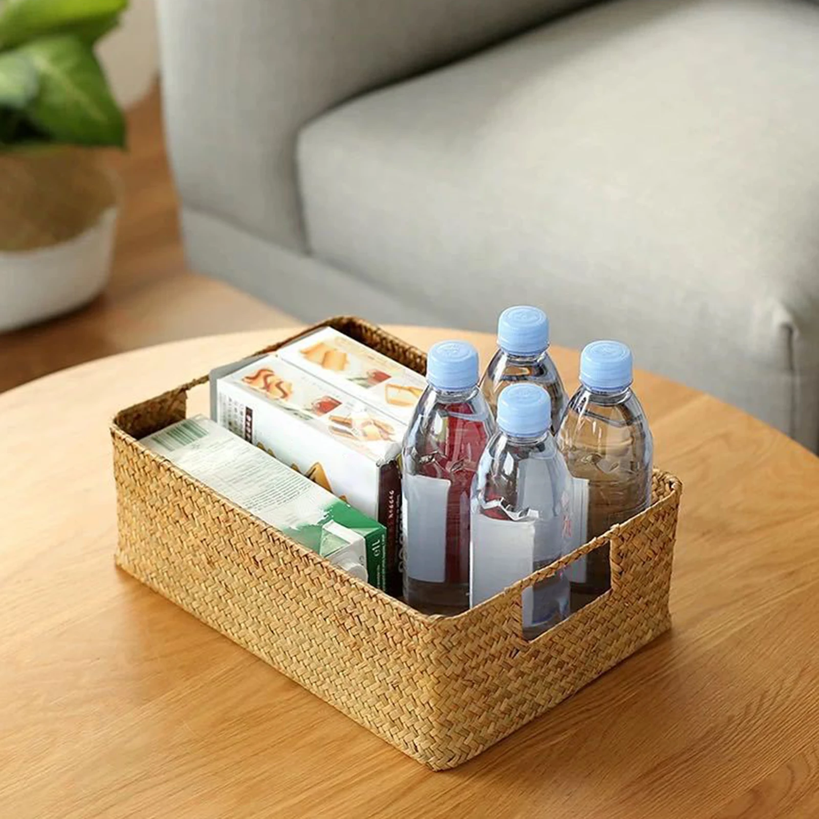 Large Home Storage Basket Box Grass Woven Rectangular Storage Container Sundries Kitchen Drawer Organizer