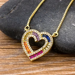 Nidin Romantic Zircon Necklace Heart Shape Rainbow Copper Pendant Long Snake Chain Necklace Jewelry for Lady Girls Party Gift