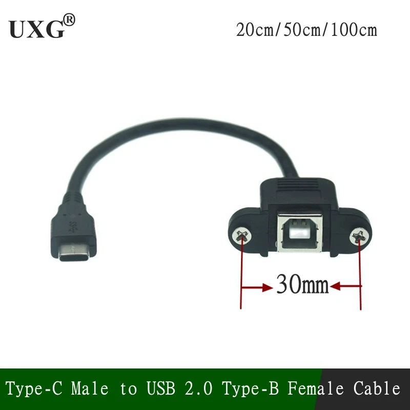 100CM 50cm 0.2M USB 2.0 B Female Socket Printer Panel Mount With Screw Hole to USB C Type-C 3.1 Male Cable  Adaoter Connector