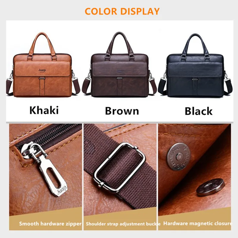 JEEP BULUO Men PU Leather Shoulder Fashion Business Bags Handbags Black Bag Men For Laptop Briefcases Bag