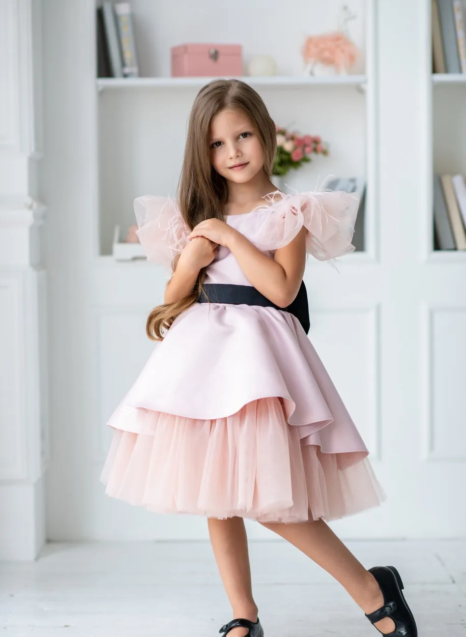 Vestidos románticos de flores para niñas, joya de encaje, plumas, ropa Formal para niños, sin espalda, hasta la rodilla, vestidos de fiesta de boda