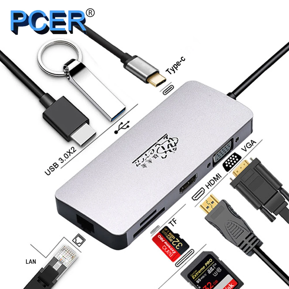 USB C HUB Per USB3.0 HDMI VGA RJ45 Gigabit Ethernet SD/TF PD Adattatore di carica USB C docking station tipo c convertitore hub 8 in 1