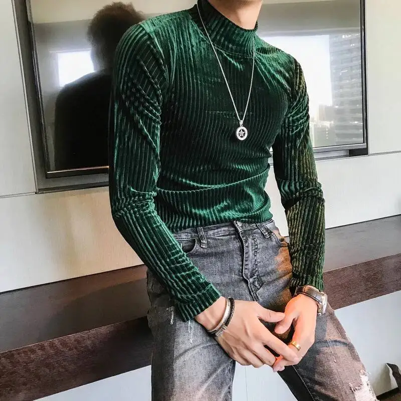 2021 Autumn Winter Turtleneck Velvet T-Shirt Men Slim Striped Casual Tight T-Shirt Men Long Sleeve Club Clothing Camiseta Homme