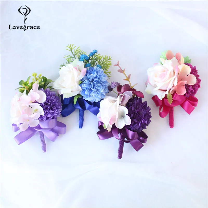 ปลอม Rose ดอกไม้ Corsages สร้อยข้อมือเพื่อนเจ้าสาวเจ้าบ่าว Boutonniere Corsages Man แต่งงาน Corsage สร้อยข้อมือดอกไม้