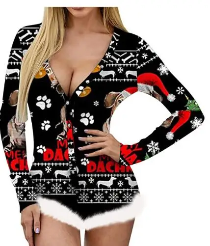 Women\'S Christmas Sexy Romper Pajamas Print Bodysuit Shorts Sleepwear Girls Women Long sleeves Thermal Underwear New Homewear