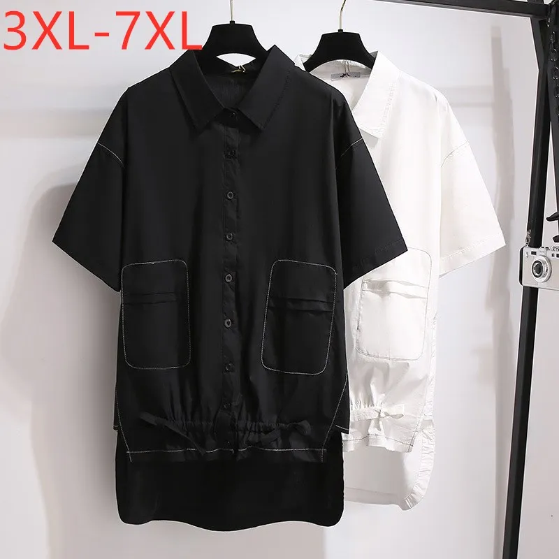 

New 2021 Ladies Summer Plus Size Tops For Women Large Short Sleeve Loose Cotton Black White Pocket Shirt 3XL 4XL 5XL 6XL 7XL