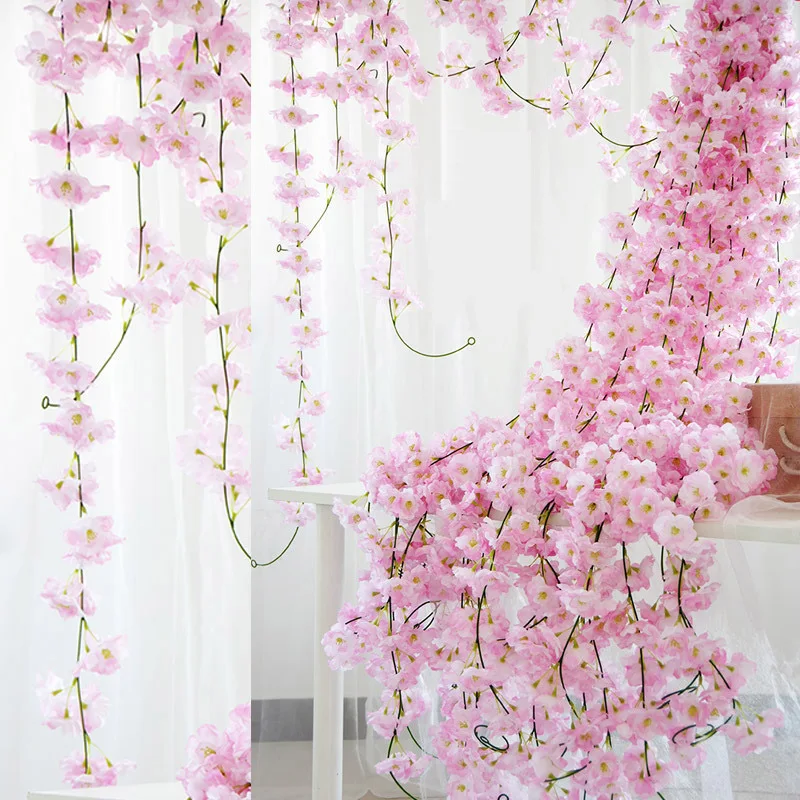 

235cm Silk Sakura Cherry Blossom Vine Lvy Artificial Fake Sakura Rattan Wall Hanging Garlands DIY Wreath Wedding Arch Home Decor