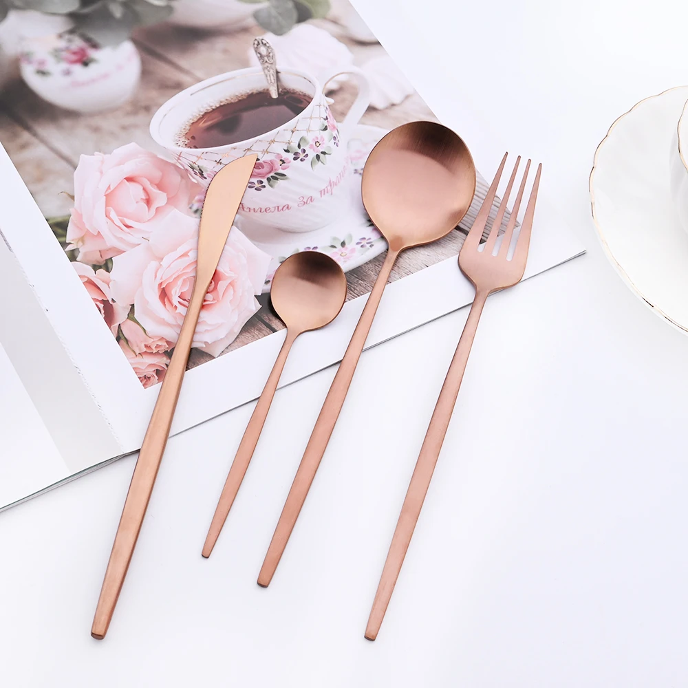 16Pcs Rose Gold Cutlery Set Knife Fork Coffee Spoons Dinnerware Set Stainless Steel Tableware Set Western Kitchen Silverware Set