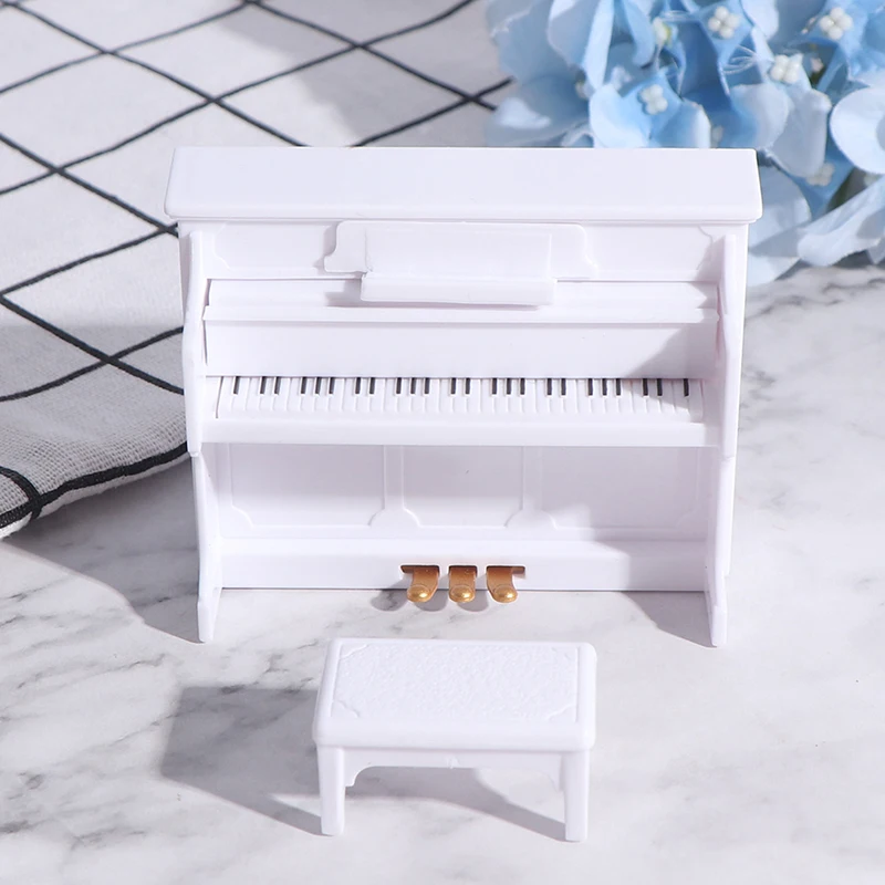 1Pc Mini Grand Piano With Stool Model Dollhouse Miniature White Exquisite For Dollhouse Play Toys Accessories