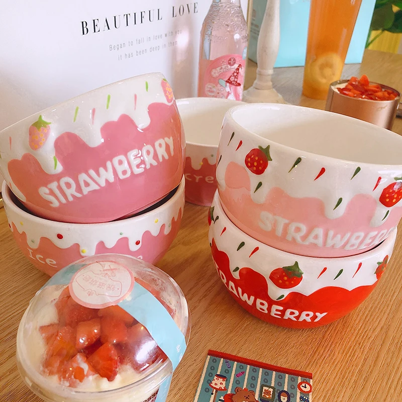 Ins Style Cute Sweet Strawberry Milk Bowls Creative Ceramic Large Fruit Salad Bowl Home Breakfast Cup Mug Bowls Gift for Girls