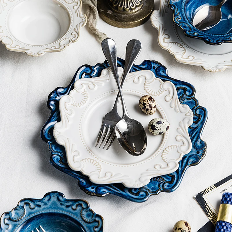 

European retro ceramic plates tableware dinner embossed pattern porcelain dessert plate cake plate