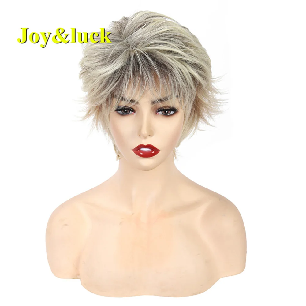 Joy&luck Short Wig Brown Mix Blonde Color Curly Synthetic Wigs For Women Full Wigs With Bangs Hiar Wigs