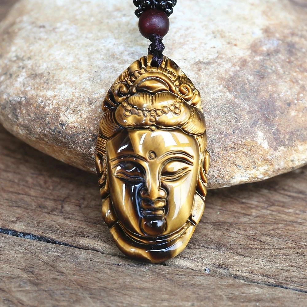 New Buddhist Guanyin Avatar Natural Tiger Eye Stour Jade Carved Buddha Pendant Lucky Energy Necklace Fashion Jewelry Accessories