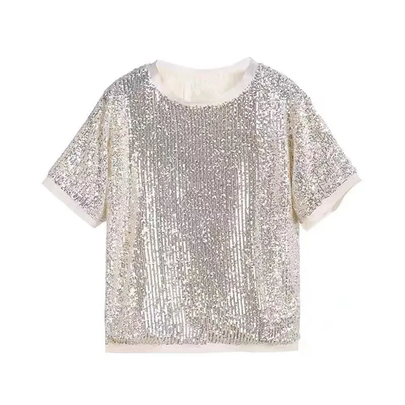 Beige Sequined Short Sleeve O Neck Chiffon splicing sequins Casual T-shirt Women Female Summer New B403