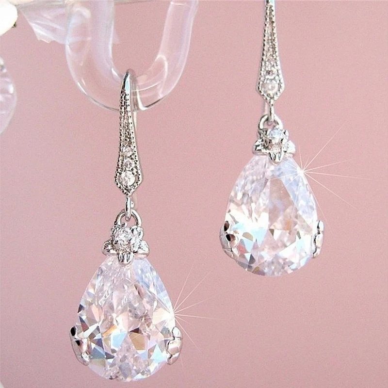 Huitan New Classic Pear Shape Cubic Zircon Women Wedding Drop Earrings Silver Color High Quality Female Timeless Earring Jewelry