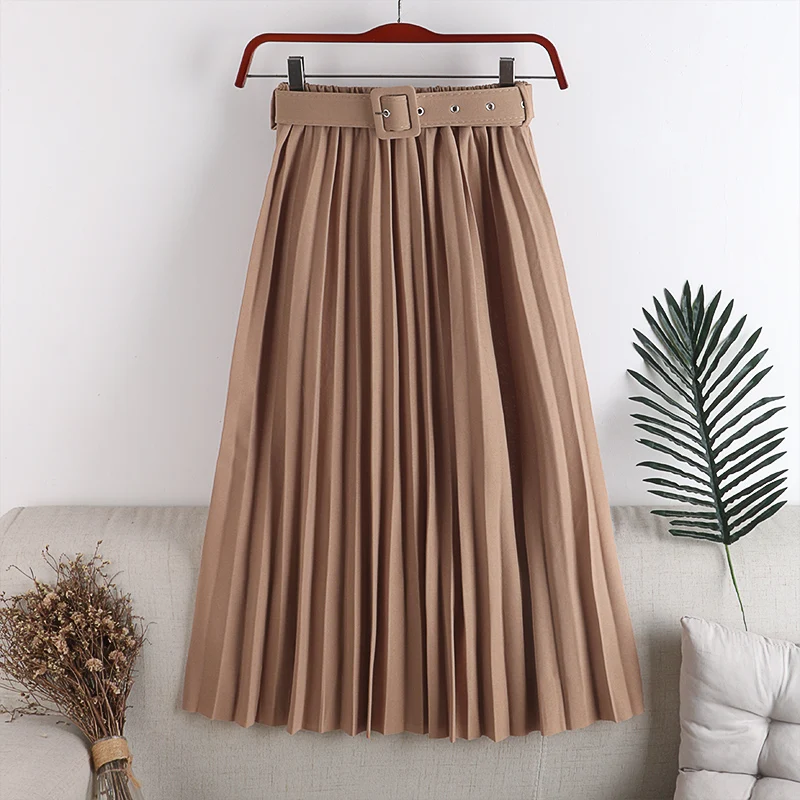 

2022 Spring New Casual Women Skirts With Belted Jupe Elegant Office Lady Pleated Faldas High Waist Female Midi Saia Ropa Mujer