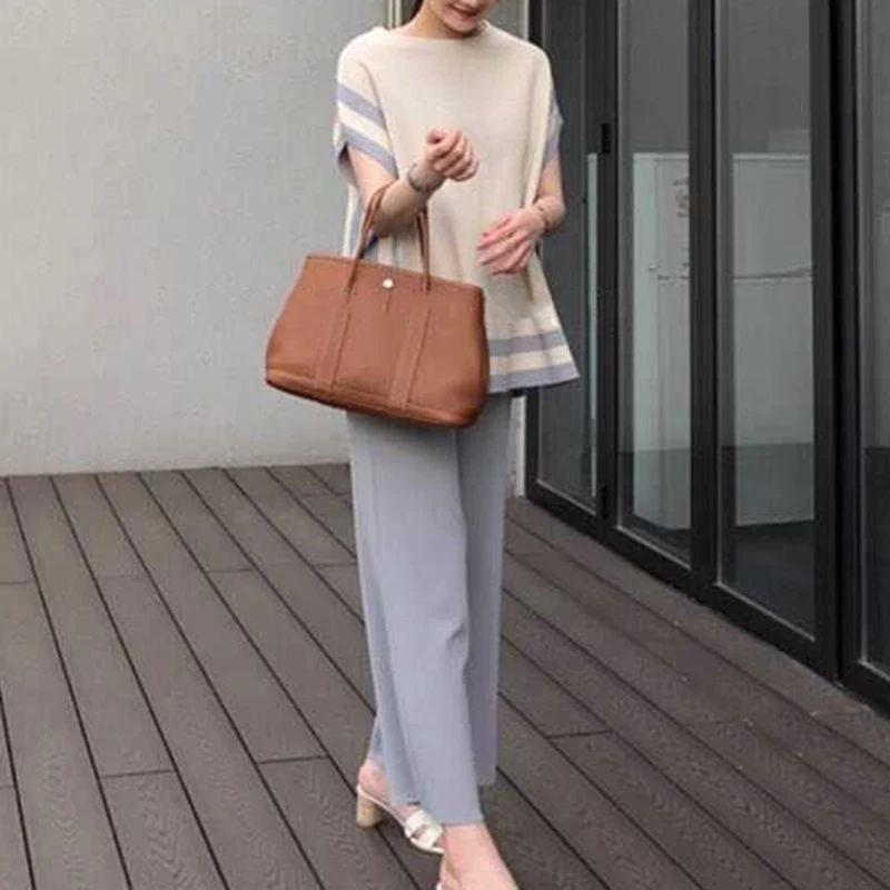 2024 New Women Sweater Pants Set Tracksuit Summer O Neck Hit Color Striped Knitted Thin Loose Pullovers + Wide Leg Trouser Suits