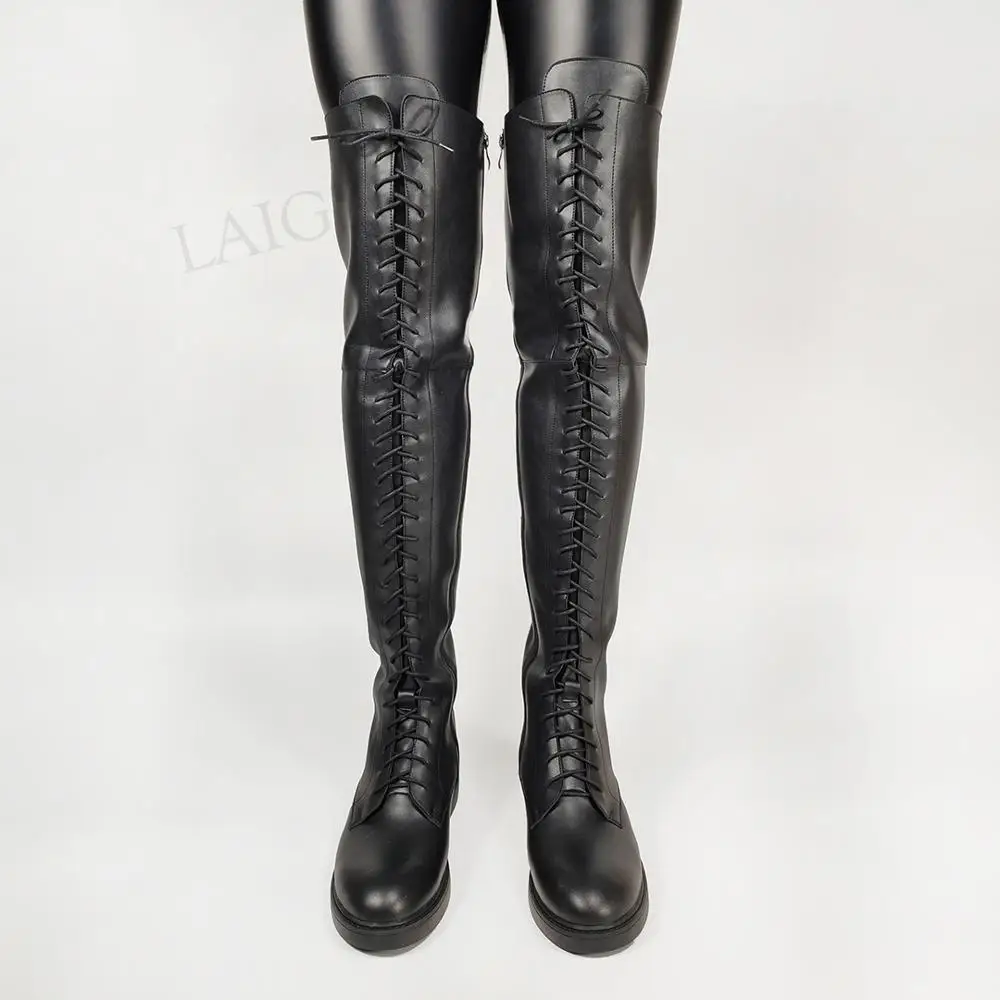 Laigzem品質女性膝高ブーツワイドワリフにやさしい低かかとジップアップユニセックス靴女性bota ş サイズ33 38 39 43