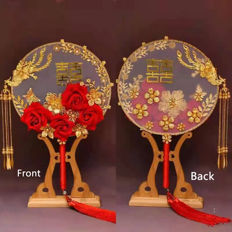 Elegance Vintage Red Gold Bride Bouquet Chinese Traditional Round Palace Hand Held Fan For Wedding Bouquet